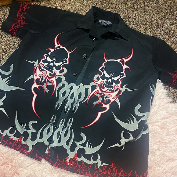 Vintage Y2K Silver Point Youth Skull Flames Black Button Up Shirt Sz S - Picture 1 of 6